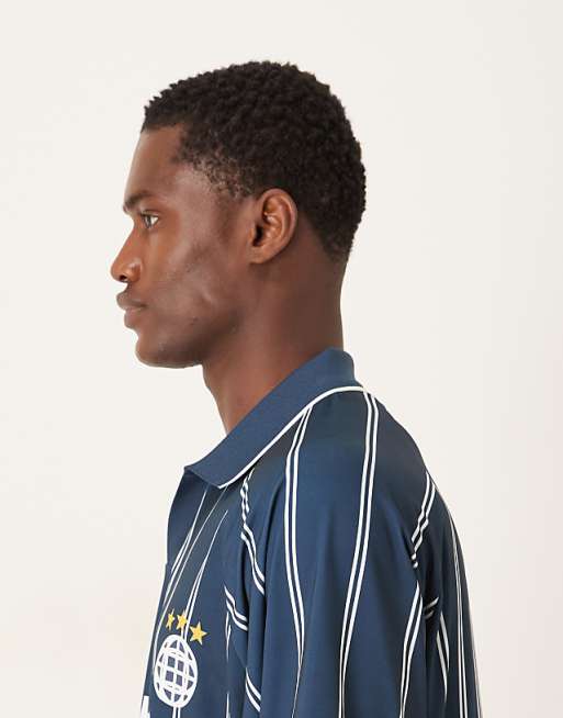 ASOS DESIGN Oversized Polo With Sports Graphic In Navy Striped Sports Fabric