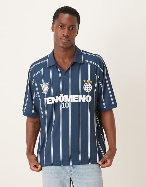 ASOS DESIGN oversized polo with sports graphic in navy striped sports fabric