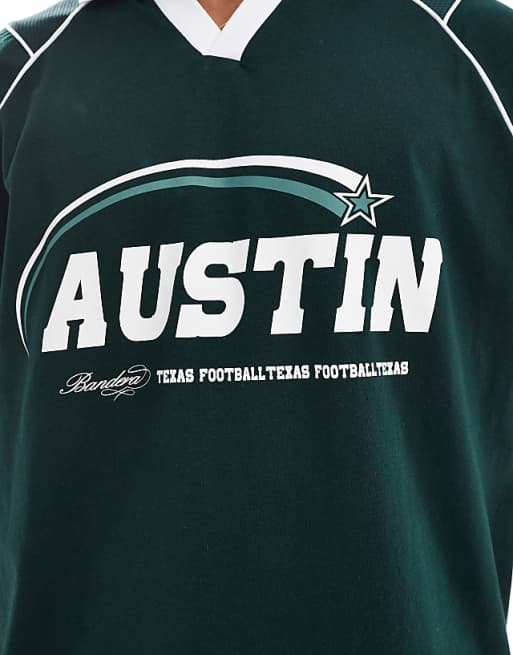 ASOS DESIGN Oversized Polo With Sports Graphics And Airtex Panelling In Dark Green