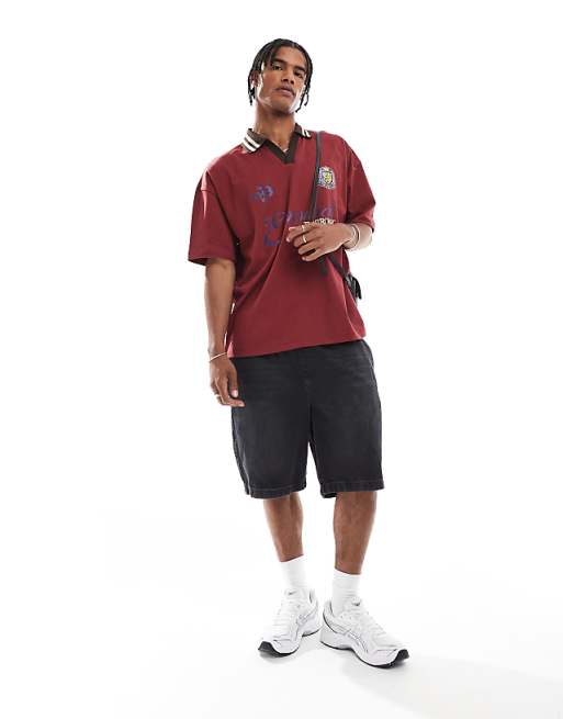 ASOS DESIGN Oversized Polo With Tipped Collar And Sports Graphics In Burgundy