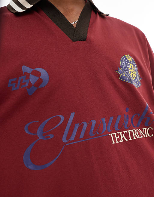 ASOS DESIGN Oversized Polo With Tipped Collar And Sports Graphics In Burgundy