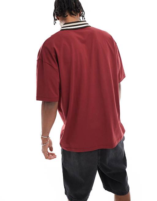 ASOS DESIGN Oversized Polo With Tipped Collar And Sports Graphics In Burgundy