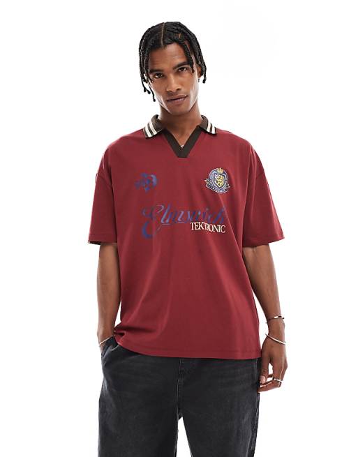 ASOS DESIGN oversized polo with tipped collar and sports graphics in burgundy