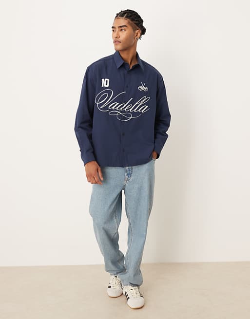ASOS DESIGN Oversized Poplin Shirt With Script Print In Navy
