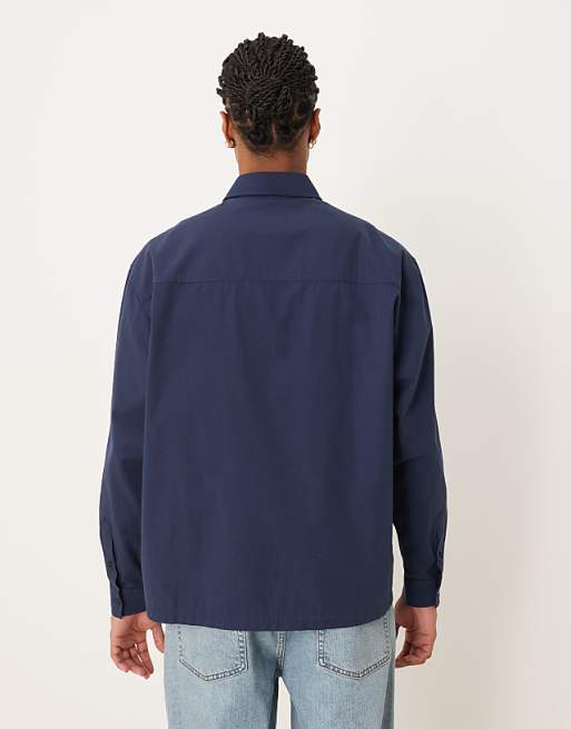 ASOS DESIGN Oversized Poplin Shirt With Script Print In Navy