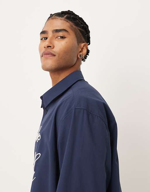 ASOS DESIGN Oversized Poplin Shirt With Script Print In Navy