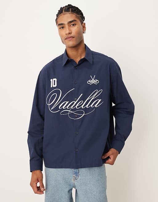 ASOS DESIGN oversized poplin shirt with script print in navy