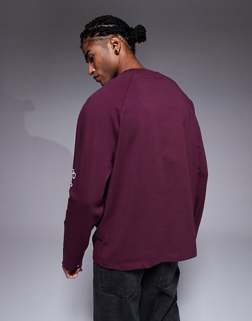 ASOS DESIGN Oversized Raglan Long Sleeve T-shirt With Flocked Sports Graphic In Burgundy