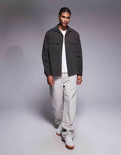 ASOS DESIGN Oversized Revere Collar Shirt With Cargo Pocket Detail In Khaki Twill