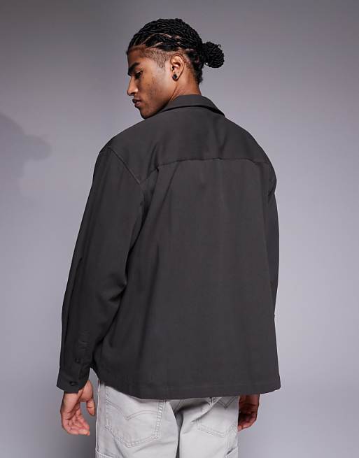 ASOS DESIGN Oversized Revere Collar Shirt With Cargo Pocket Detail In Khaki Twill