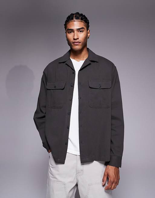 ASOS DESIGN oversized revere collar shirt with cargo pocket detail in khaki twill
