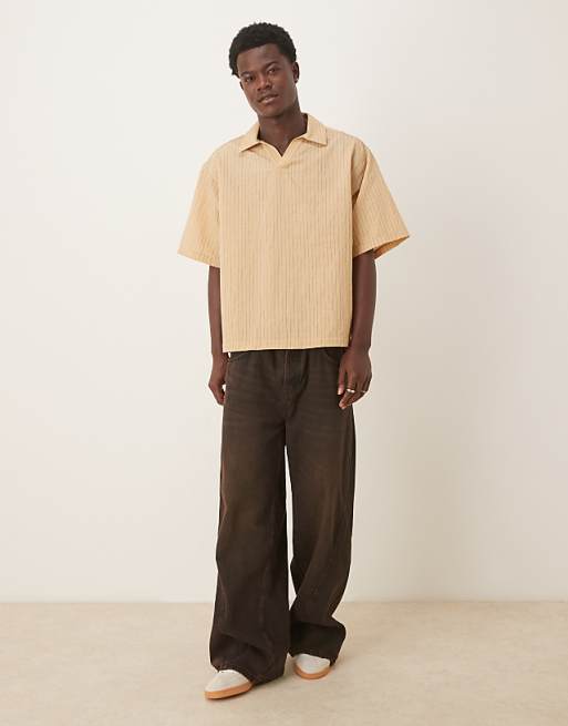 ASOS DESIGN Oversized Revere Collar Textured Shirt In Tan