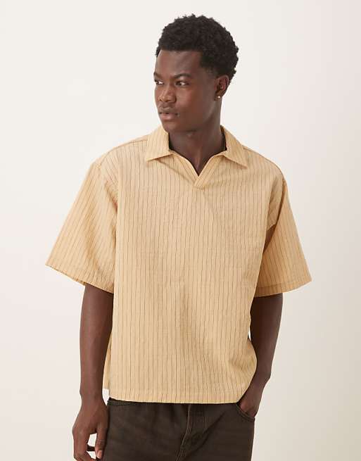 ASOS DESIGN oversized revere collar textured shirt in tan