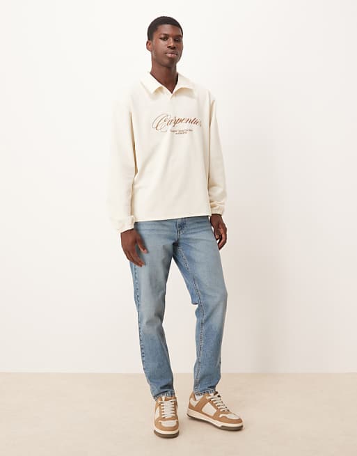 ASOS DESIGN Oversized Revere Neck Polo With Embroidery In Ecru