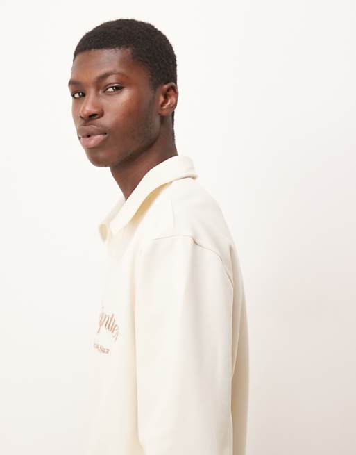 ASOS DESIGN Oversized Revere Neck Polo With Embroidery In Ecru