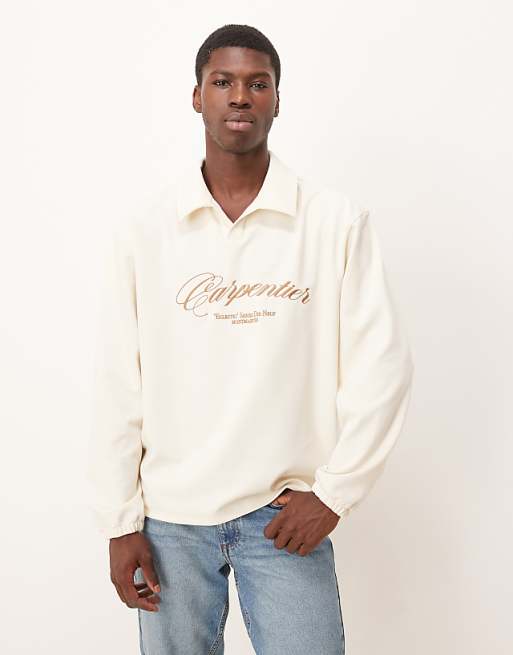 ASOS DESIGN oversized revere neck polo with embroidery in ecru