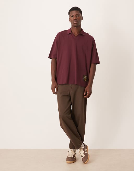 ASOS DESIGN Oversized Revere Polo With Woven Tab In Brown