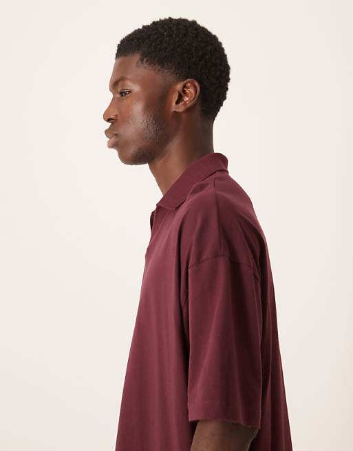 ASOS DESIGN Oversized Revere Polo With Woven Tab In Brown