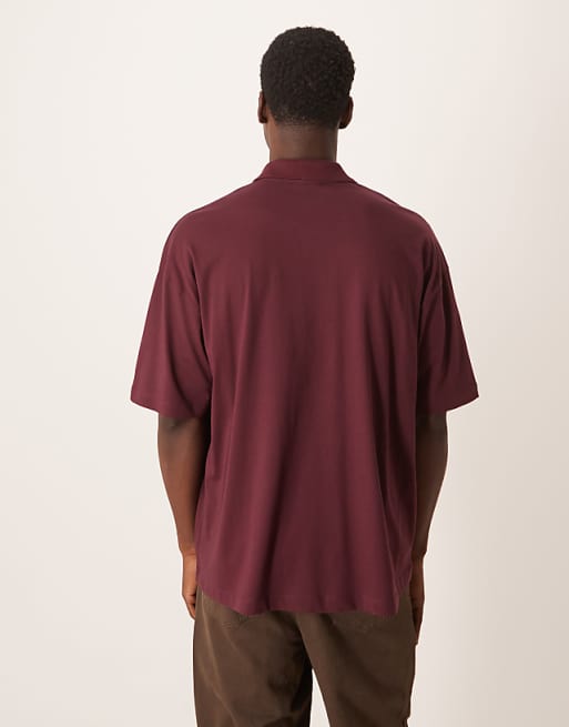 ASOS DESIGN Oversized Revere Polo With Woven Tab In Brown