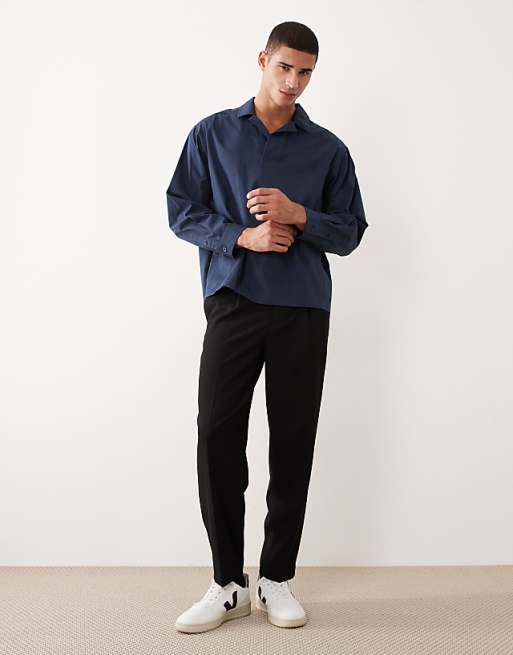 ASOS DESIGN Oversized Revere Poplin Shirt In Navy