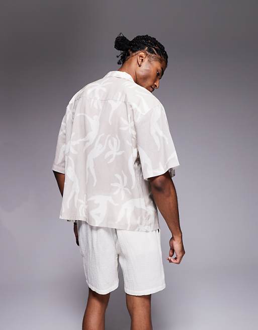 ASOS DESIGN Oversized Revere Printed Shirt In Beige
