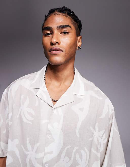 ASOS DESIGN Oversized Revere Printed Shirt In Beige