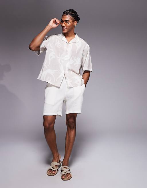 ASOS DESIGN Oversized Revere Printed Shirt In Beige