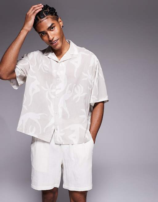 ASOS DESIGN oversized revere printed shirt in beige