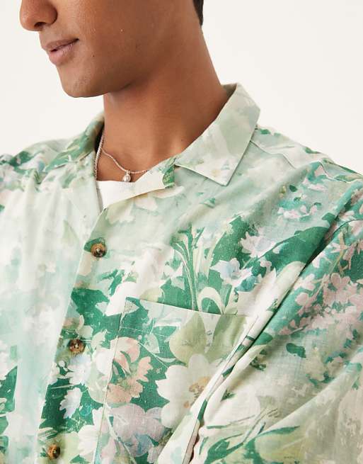 ASOS DESIGN Oversized Revere Shirt In Green Floral Print