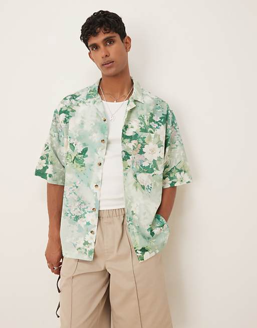 ASOS DESIGN oversized revere shirt in green floral print