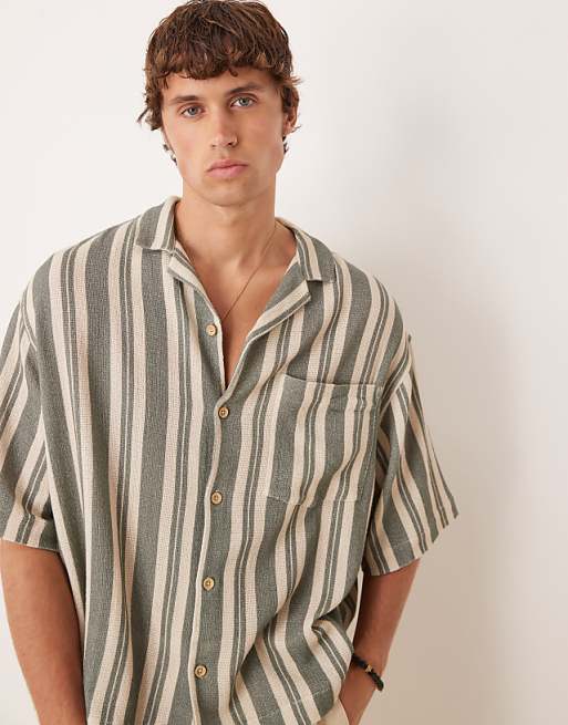 ASOS DESIGN oversized revere shirt in green stripe