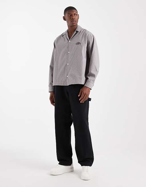 ASOS DESIGN Oversized Revere Shirt With Embroidery In Beige Stripe