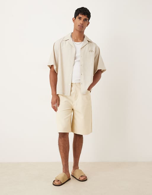 ASOS DESIGN Oversized Revere Shirt With Embroidery In Sand And White Stripe