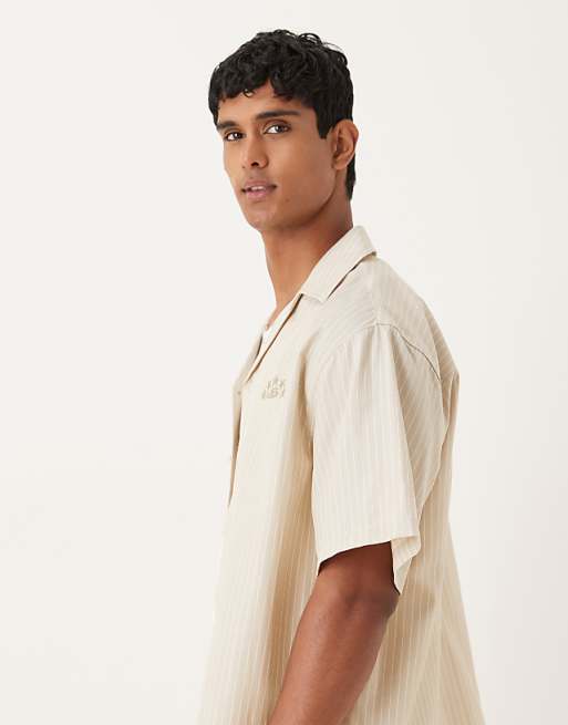 ASOS DESIGN Oversized Revere Shirt With Embroidery In Sand And White Stripe