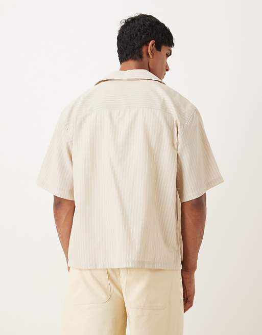 ASOS DESIGN Oversized Revere Shirt With Embroidery In Sand And White Stripe