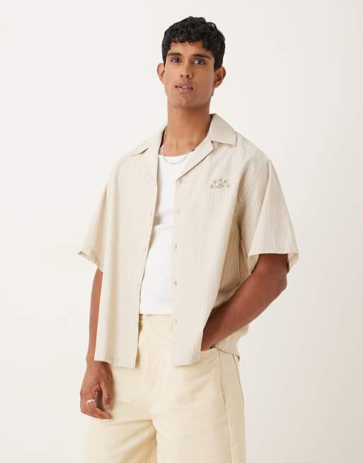 ASOS DESIGN oversized revere shirt with embroidery in sand and white stripe