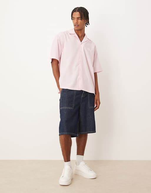ASOS DESIGN Oversized Revere Shirt With Embroidery In Pink And White Stripe