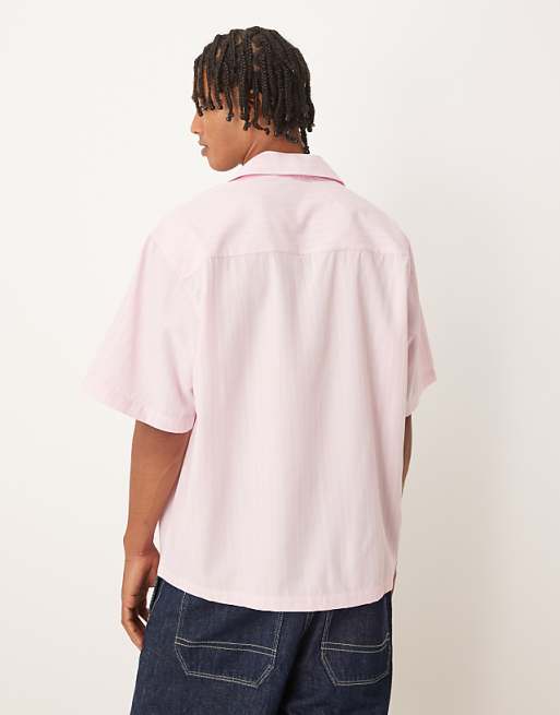 ASOS DESIGN Oversized Revere Shirt With Embroidery In Pink And White Stripe