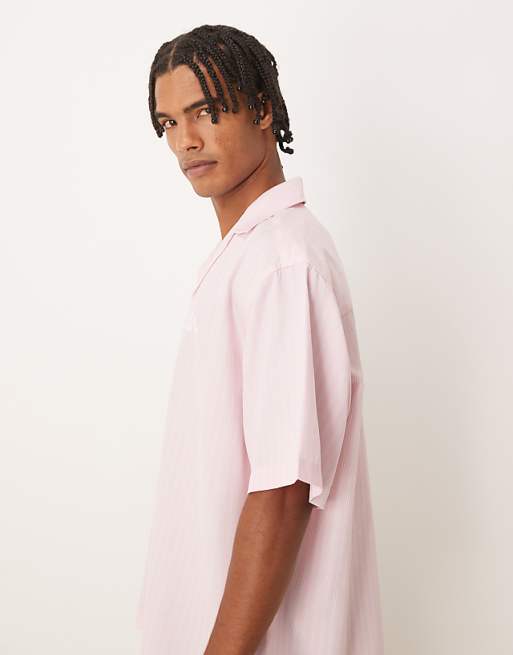 ASOS DESIGN Oversized Revere Shirt With Embroidery In Pink And White Stripe