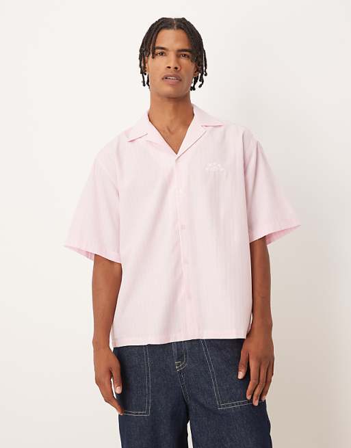ASOS DESIGN oversized revere shirt with embroidery in pink and white stripe