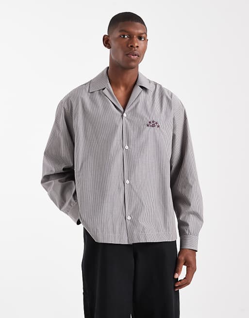 ASOS DESIGN oversized revere shirt with embroidery in beige stripe