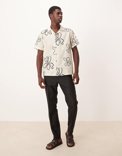 ASOS DESIGN Oversized Revere Shirt With Floral Print In Beige