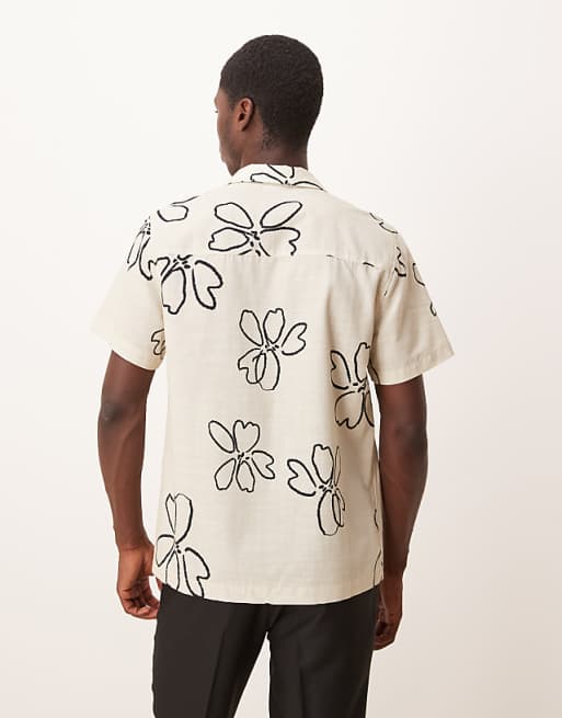 ASOS DESIGN Oversized Revere Shirt With Floral Print In Beige