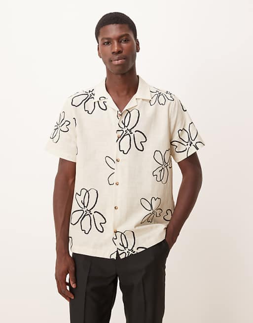 ASOS DESIGN oversized revere shirt with floral print in beige