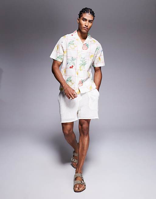 ASOS DESIGN Oversized Revere Shirt With Fruit Print In Beige