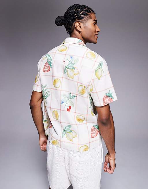ASOS DESIGN Oversized Revere Shirt With Fruit Print In Beige