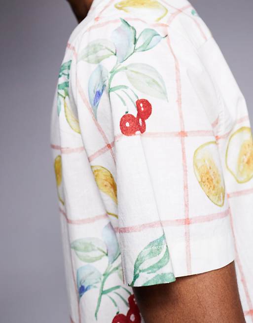 ASOS DESIGN Oversized Revere Shirt With Fruit Print In Beige