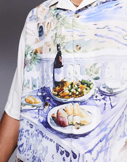 ASOS DESIGN Oversized Revere Shirt With Scenic Print In Cream