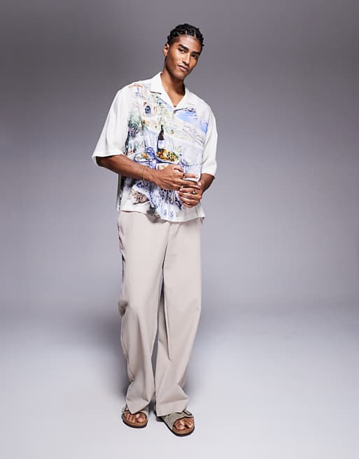 ASOS DESIGN Oversized Revere Shirt With Scenic Print In Cream