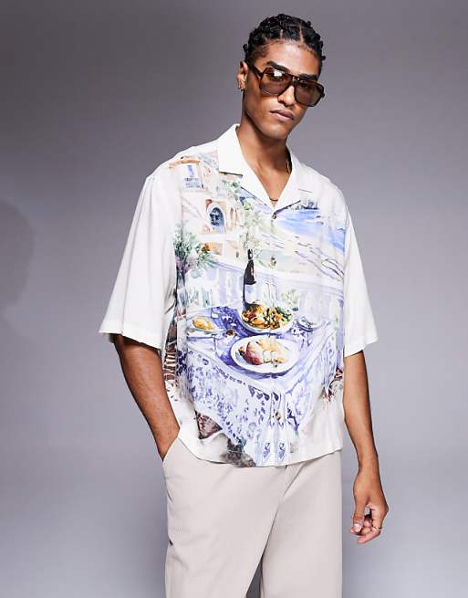 ASOS DESIGN oversized revere shirt with scenic print in cream